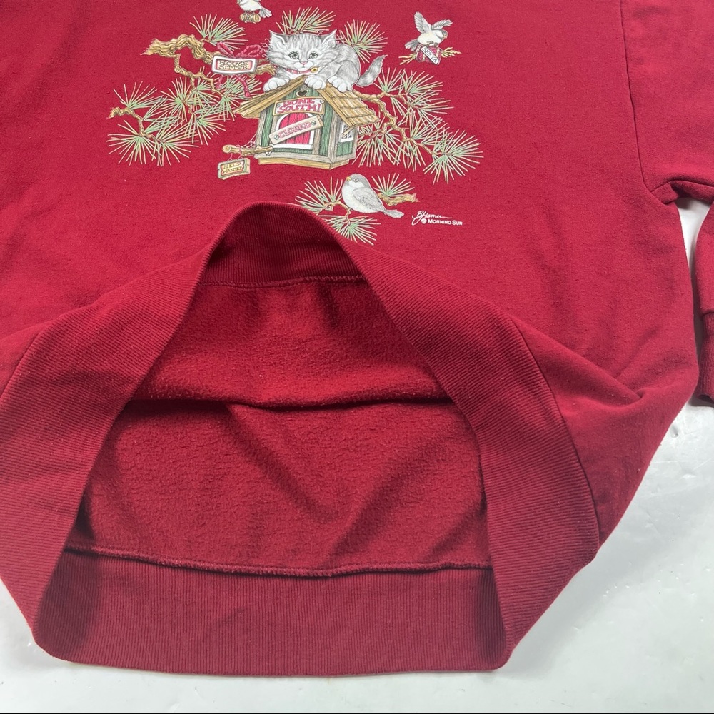 Vintage Cat Sweatshirt size Large Birds Nature Red Pullover - Picture 2 of 10